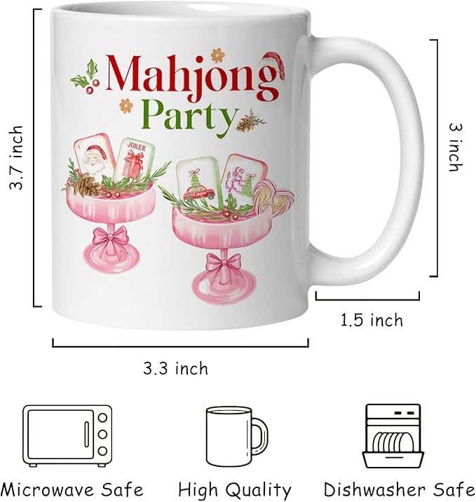 Christmas Pink Mahjong Cocktail Mug, Mahjong Gifts for Women Coffee Cup Ceramic, Gifts for Cocktail Lovers, Holiday Christmas Mah Jong Party Ceramic Coffee Tea Mug 11 oz