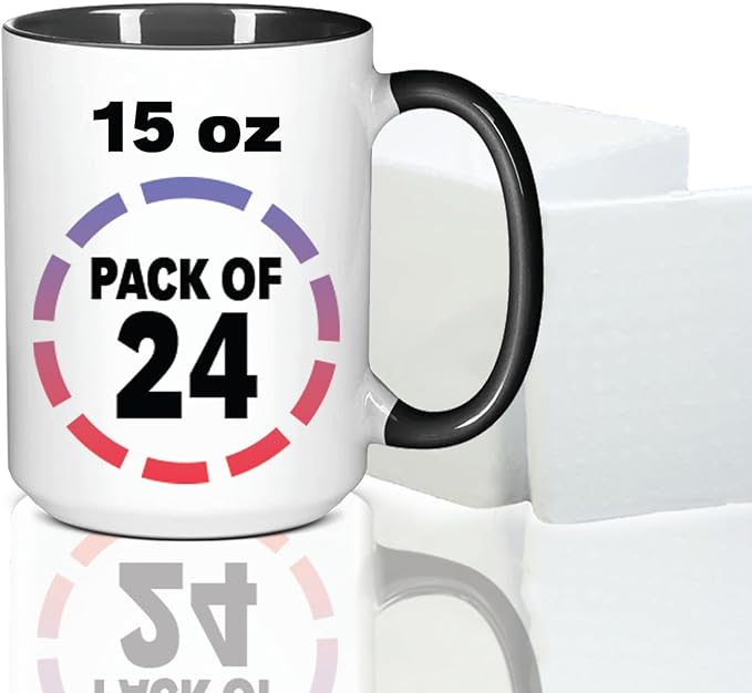15oz Black Sublimation Mugs – Blank Ceramic Cups for Heat Transfer Printing – Set of 24 Bulk Mugs for Custom Crafting, Customizable Drinkware