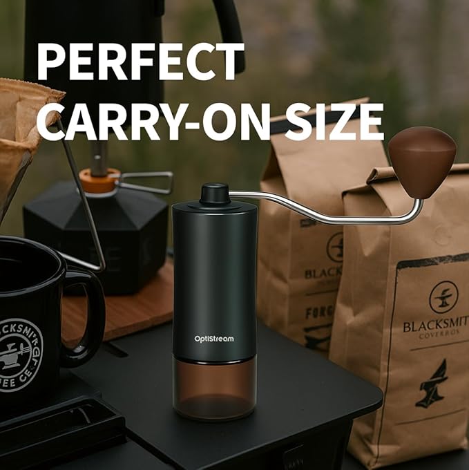 Portable Manual Coffee Grinder – Effortless 7 CNC420 High-Carbon Steel Burrs, Uniform 20 μm Grind, Full Aluminum Body & Tinted Glass Jar, 25 g capacity for travel (Black)
