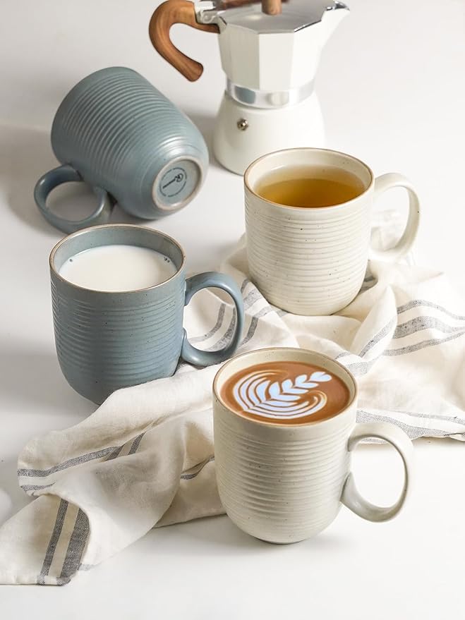 Kanwone Coffee Mugs 16 oz, Stoneware Mug Set, Ceramic Coffee Cups with Large Handles, Porcelain Mugs for Latte, Hot Tea, Cappuccino, Milk, Cocoa, Dishwasher Safe - Set of 6, Smoky Blue