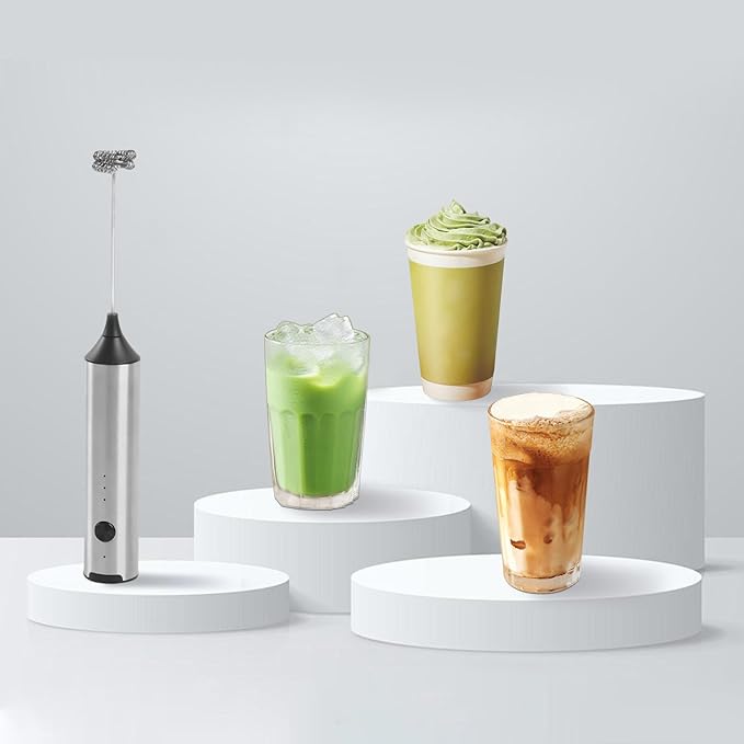 Electric Milk Frother Handheld with Small Wooden Spoon, Mini Coffee Frother Wand Rechargeable 3-Speed Drink Mixer Stainless Steel Matcha Whisk For Latte, Matcha Powder, Cappuccino, Hot Chocolate, Egg