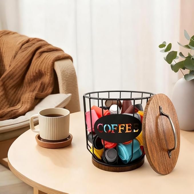 yaenoei 2 Pack Coffee Pod Holder with Lid Coffee Pods Storage Black Wire Coffee Storage Basket Large Capacity K Cup Holder with Wooden Base for Kitchen Countertop, Cafe Bar Organizer, Office Desktop