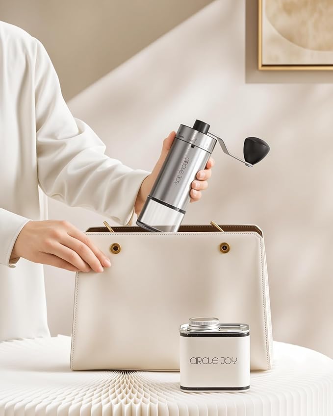 CIRCLE JOY Manual Coffee Grinder with 40 External Adjustable Settings, Portable Stainless Steel Hand Coffee Grinder, Ceramic Conical Burr Coffee Grinder for Camping, Travel and Espresso, 30g Capacity
