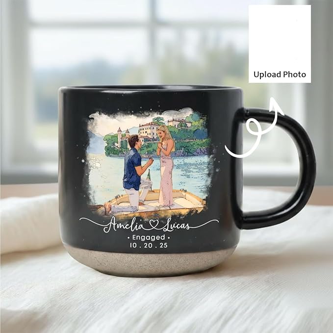 Personalized Couple Photo Pottery Mug 12oz, Custom Engagement, Wedding & Anniversary Coffee Mug, Handmade Ceramic Mug with Names, Date, Romantic Gift for Couple