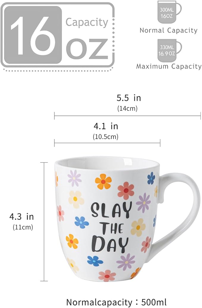 MVYAVYUS 16OZ Ceramic Slay the Day Coffee Mugs Set, Large Colorful Coffee Cups with Handles for Milk, Tea, Latte, Mocha, Cocoa, Cappuccino, Porcelain Cups Gift for Holiday or Anniversary (4PCS)