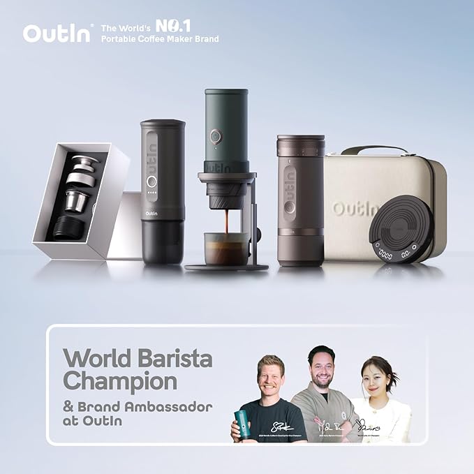 OutIn Nano Portable Electric Espresso Machine with Fino Portable Electric Coffee Grinder, Brown & White