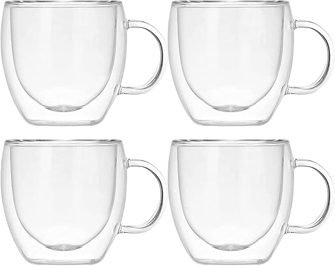 Espresso Cups, 4 Pcs Double Walled Glass Coffee Mugs 5.07 Oz Coffee Mug Clear Glass Espresso Cups Heat-Resistant with Secure Grip Perfect for Tea Milk and Juice, Mug