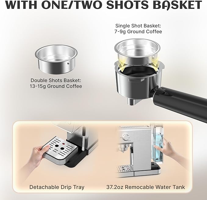 Espresso Machine with Steam Milk Frother, 20 Bar Professional Espresso Coffee Maker for Latte & Cappuccino, 1-Touch Control, Stainless Steel Housing, Removable Water Tank & Drip Tray