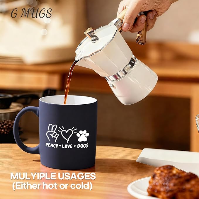 G MUGS Dog Lover Coffee Mug - Gift for Women Men,13oz Ceramic Tea Mug with Peace Love Dogs Design, Cute Paw Print & Heart Mug for Dog Owners Red And Yellow Mug
