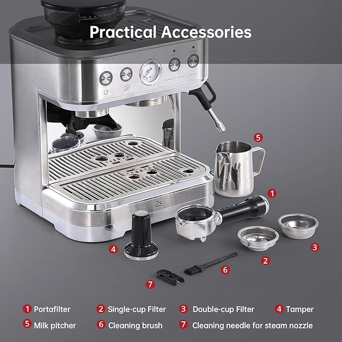 Garvee Espresso Machine with Milk Frother and Built-In Grinder, 3-in-1 Cappuccino Latte and Coffee Maker for Home, 85oz Removable Water Tank, Ideal Gift for Dad, Mom, Coffee Lovers (Sliver)