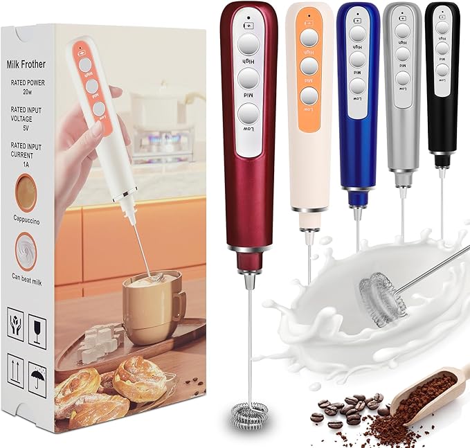 Milk Frother Wand Rechargeable Handheld Frother For Coffee,Batidora De Mano Electrica Coffee Bar Accessories Kitchen Appliances Essentials Electric Frother Gift For Women Men (Red)