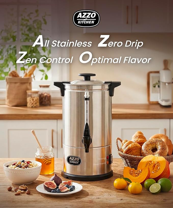 AZZO KITCHEN Commercial Coffee Maker 50-Cup Large Coffee Urn with Percolator Coffee Pot Electric 8L Stainless Steel Fast Brew Hot Water Dispenser for Tea Catering Events Home Office Easy Cleaning