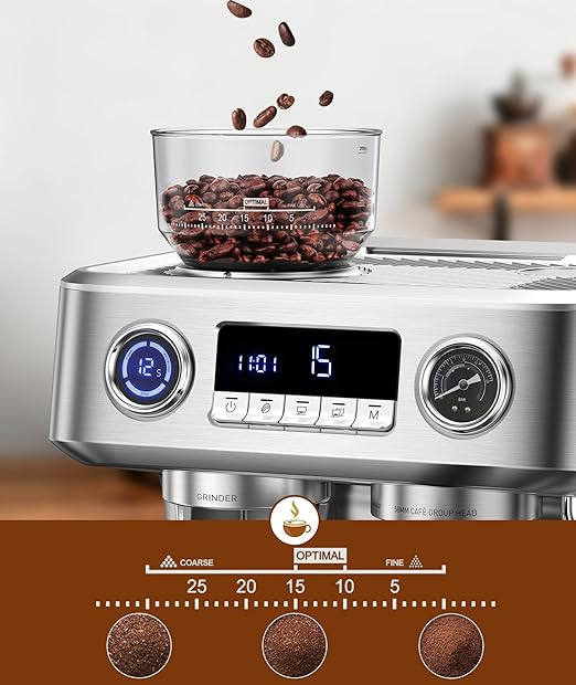 COWSAR Dual Boiler Espresso Machine with Grinder, 20 Bar Espresso Machines with Milk Frother, Espresso Maker with Removable Water Tank, Commercial Expresso Coffee Machines, Brushed Stainless Steel