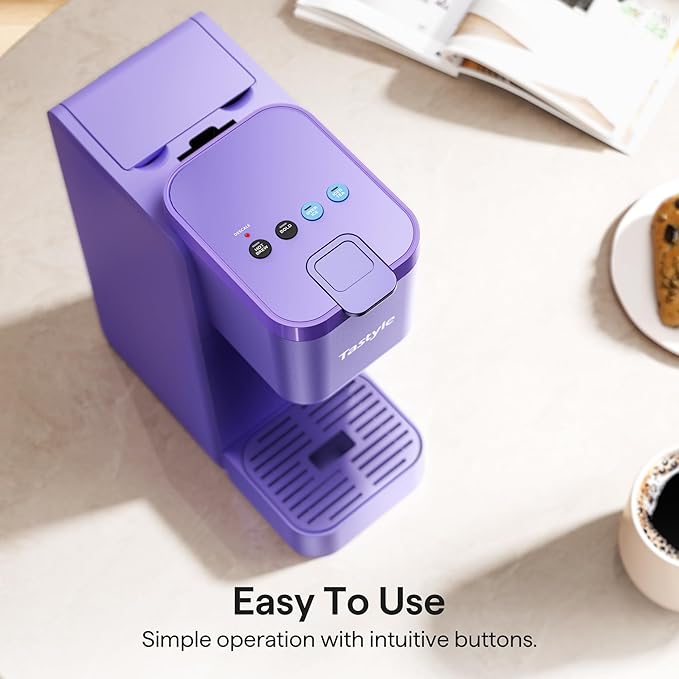 Tastyle Single Serve Coffee Maker for K Cup, Ground and Tea, Hot and Iced Coffee Machines with Bold Setting, 6 to 16 Oz Brew Sizes, Compact for Small Spaces, Purple (2.0 Version)