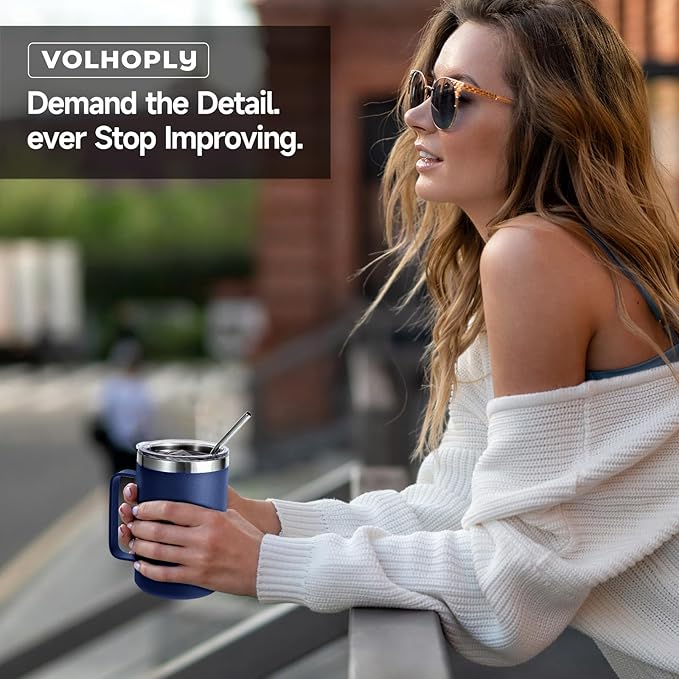 Volhoply 16oz Insulated Coffee Mug with Lid and Straw, Stainless Steel Travel Mugs with Handle, Double Wall Vacuum Leak Proof Coffee Tumbler Cup (Navy,1)