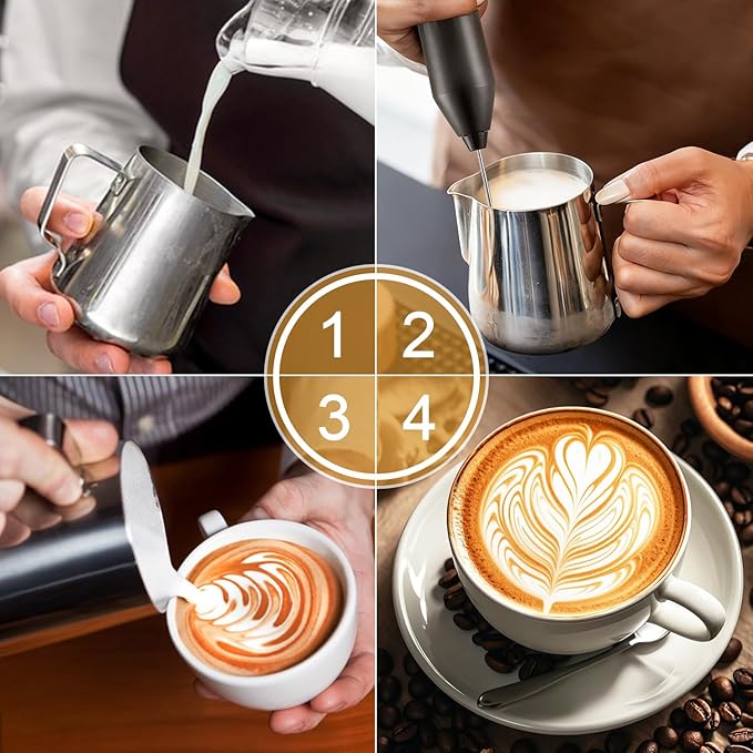 Powerful Milk Frother - Electric Handheld Milk Foam Maker with Stand, Milk Jug and 2 Stainless Steel Whisks, Rechargeable 3 Speeds for Coffee Lattes Cappuccino Matcha(Black)