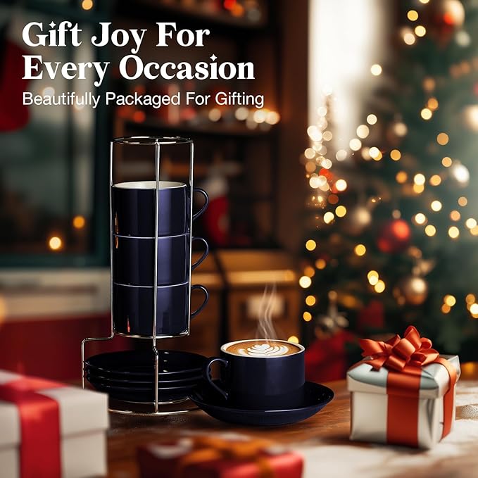 NWYSZ 8 Ounce Blue Porcelain Stackable Cappuccino Cups with Stainless Steel Holder, Set of 4, Durable Ceramic, Perfect for Home, Office or Gift