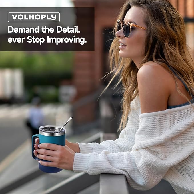 Volhoply 16oz Insulated Coffee Mug with Lid and Straw, Stainless Steel Travel Mugs with Handle, Double Wall Vacuum Leak Proof Coffee Tumbler Cup (Dark Night,2)
