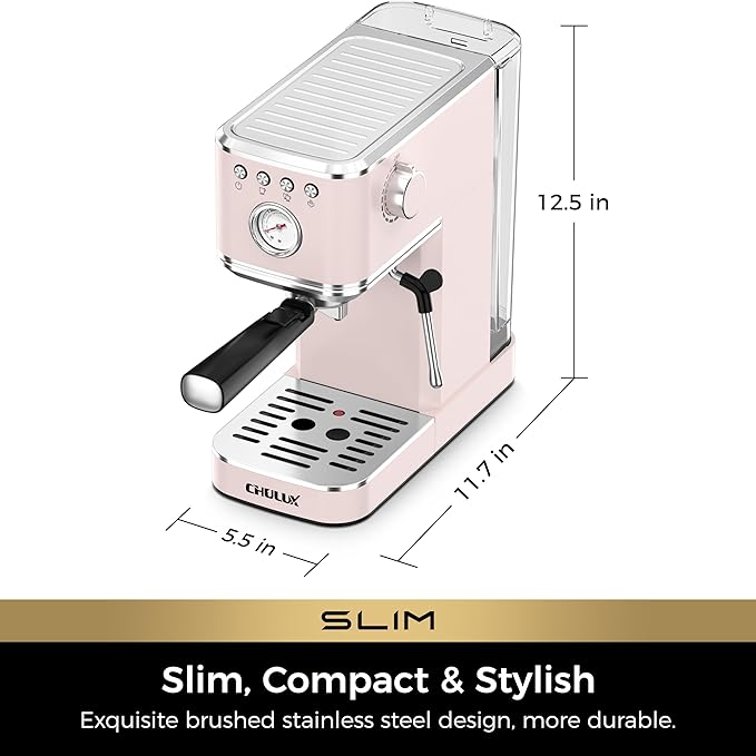 CHULUX Slim 2026 Upgrade Espresso Machine with Milk Frother Steam Wand, 20 Bar Professional Italian Pump Espresso Coffee Machine for Home Cappuccino & Latte Maker, Stainless Steel, Pink
