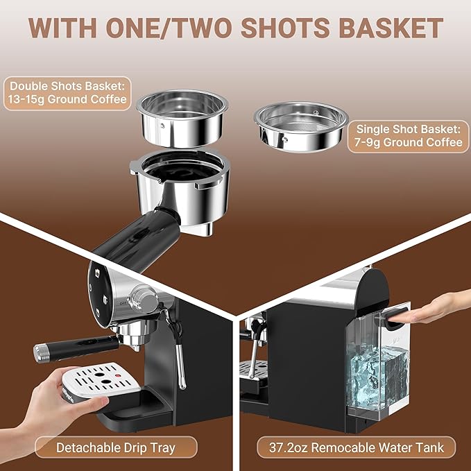 20 Bar Espresso Machine with Milk Frother - Single & Double Shot Espresso Maker, Removable Water Tank & Drip Tray, Cup Warmer, Pre-Infusion for Rich Crema - Perfect for Home & Offices