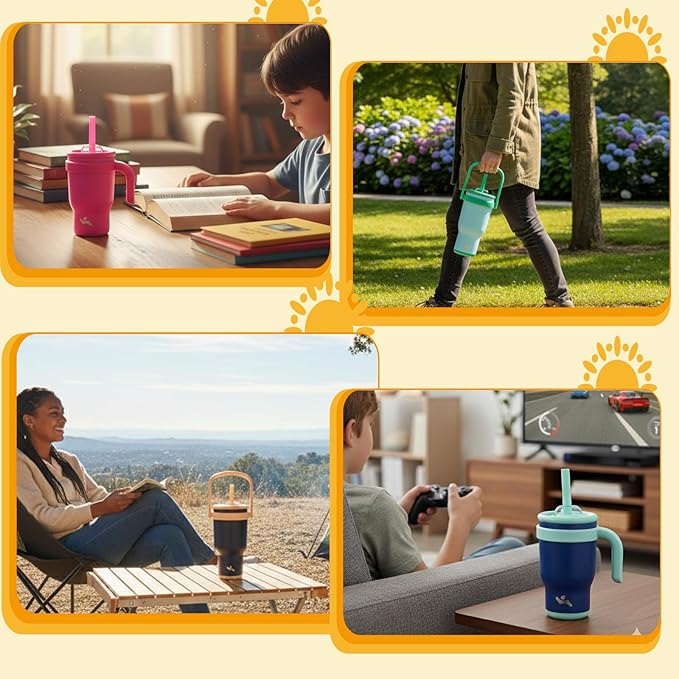 14 oz Tumbler with Side Handle, Insulated Water Bottle with Straw and 2 in 1 Lid, Stainless Steel Cup Travel Coffee Mug for Sports Office Gym,Dark Blue