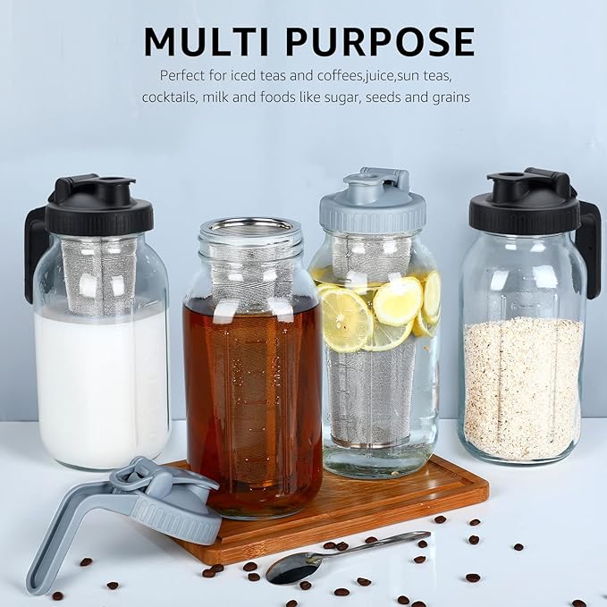 Cold Brew Mason Coffee Maker - 64oz Iced Coffee Pitcher with Stainless Steel Mixing Spoon & Super Dense Filter 3 Steps Finish Cold Brew Coffee, Classic BPA Free Sturdy Mason jar Pitcher Easy to Clean