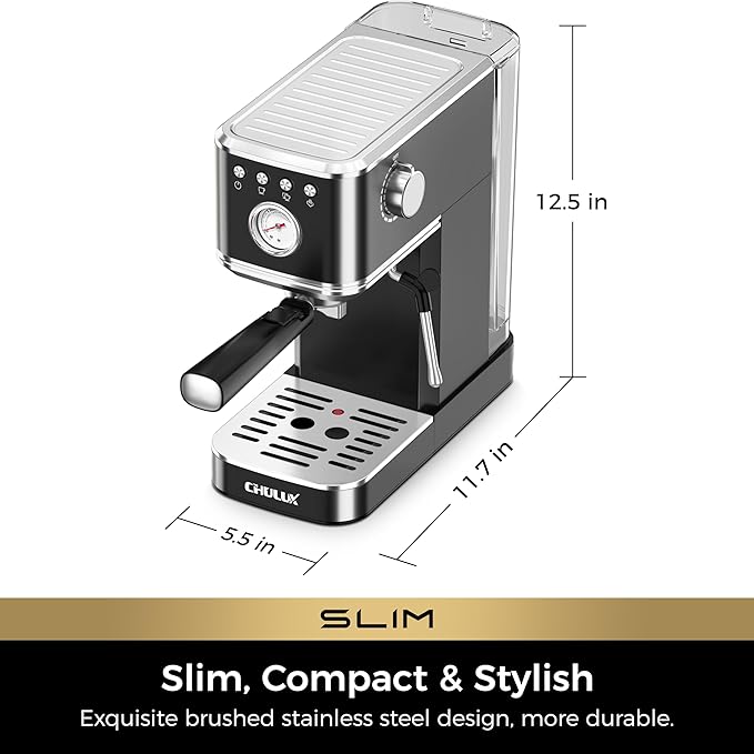 CHULUX Slim 2026 Upgrade Espresso Machine with Milk Frother Steam Wand, 20 Bar Professional Italian Pump Espresso Coffee Machine for Home Cappuccino & Latte Maker, Stainless Steel, Black