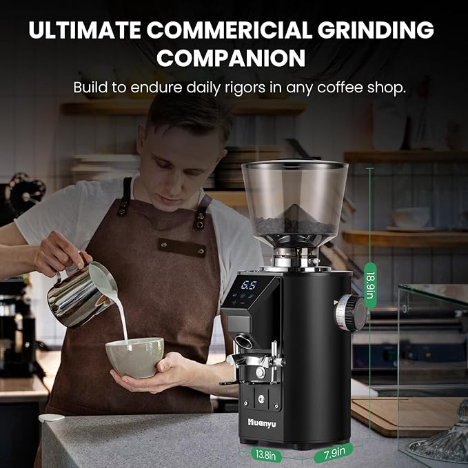 Huanyu Coffee Grinder Commercial with Touchscreen Control, Reinforced 35oz Hopper (40% Thicker), 8 Grind Settings, 64mm Flat Burr and Dual Dosing, For Coffee Shops and Home Use