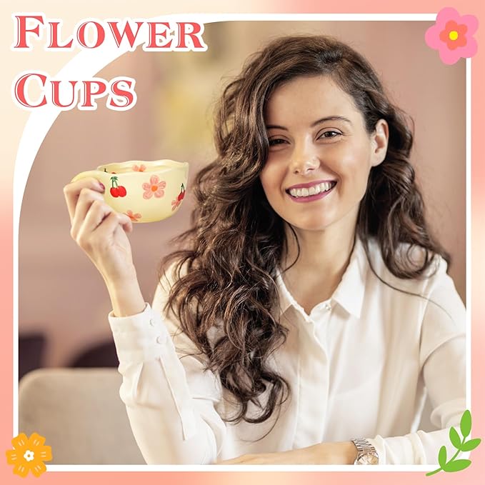 MAKCNMYM Ceramic Coffee Mug Set of 2 Vintage Flower Mugs 8 oz Cute Floral Coffee Mugs Irregular Latte Art Cup Lead-free Porcelain Cups for Cappuccino, Cocoa (Pink Cherry and Blue Flower)