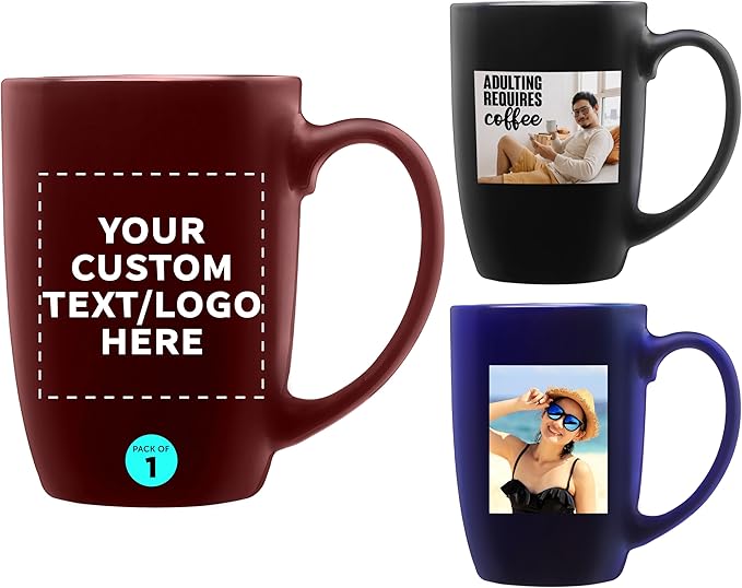 DISCOUNT PROMOS 1 Large Mocha Glossy Ceramic Coffee Mugs Set, 16 oz. - Customizable Text, Logo - Stoneware, Smooth, Durable, C-handle - Maroon