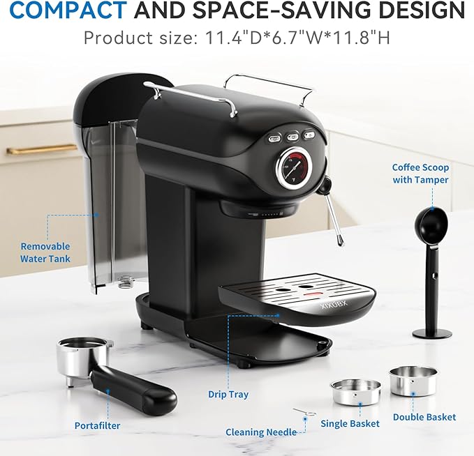 Espresso Machine 20 Bar, Compact Coffee Maker with Milk Frother Steam Wand Professional Espresso Coffee Machine with Removable Water Tank, Latte Cappuccino Machine for Home Office Use, Black