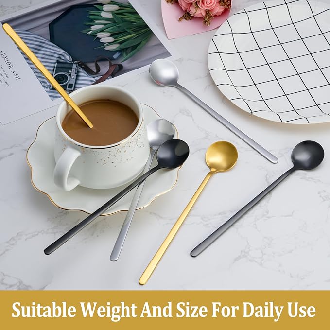 12 Pcs Teaspoons Set, 6.7 Inch Black Tea Spoons Long Handle, Black Small Teaspoons, Food Grade Stainless Steel Spoons, Long Spoon for Stirring, Metal Espresso Spoon