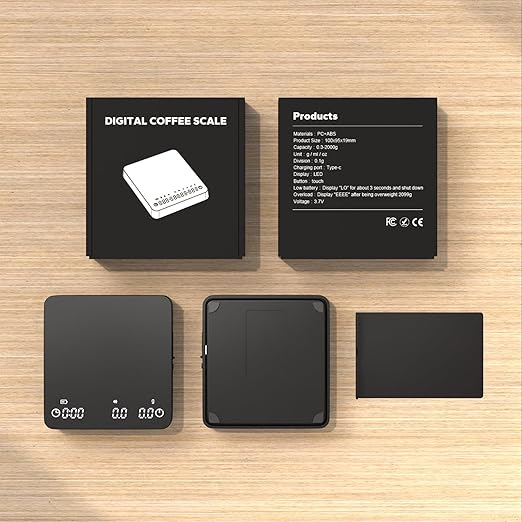 Qzzhizao Digital Coffee Scale, 2kg/0.1g High Precision Mini Espresso Coffee Scale with Timer, Rechargeable, for Espresso and Pour-Over Coffee