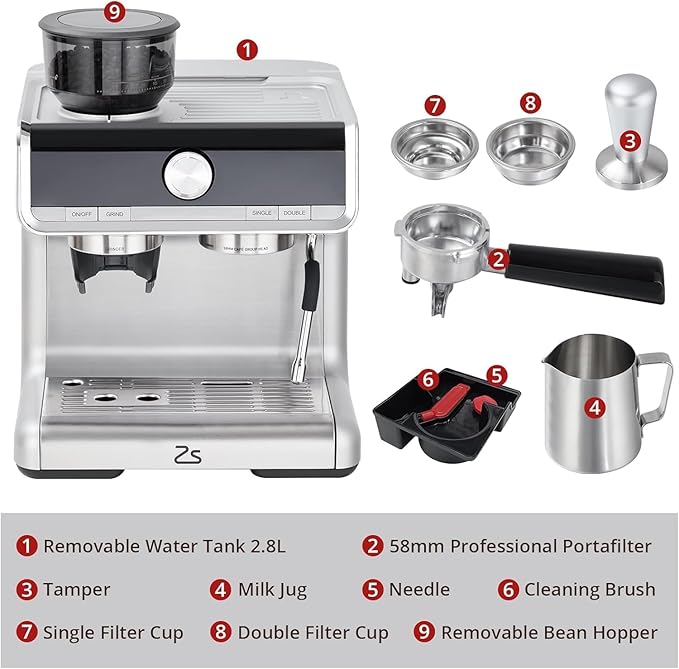Espresso Machine With Grinder, 20 Bar Professional Coffee Maker With Milk Frother Steam Wand for Cappuccino, Latte, Macchiato, 95 oz Removable Water Tank, Smart PID Temperature Control,Gray