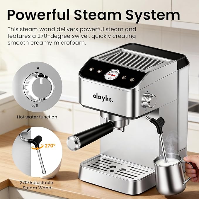 Espresso Machine 20 Bar, Brush Stainless Steel Espresso Maker with Milk Frother Steam Wand, 1400W Espresso Coffee Machine with 1.8L Removable Water Tank for Latte, Cappuccino,Machiato