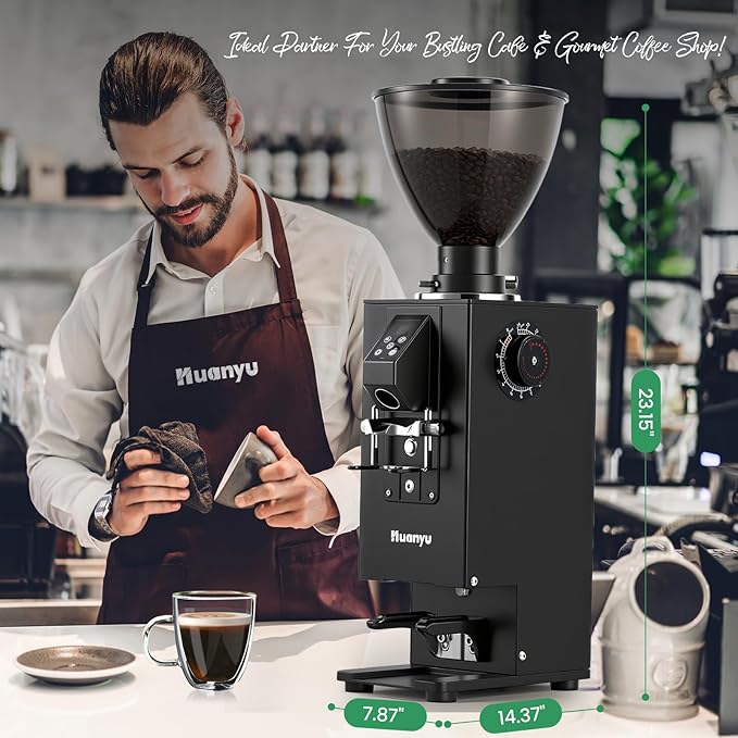 Huanyu Commercial Coffee Grinder, Built-In 58mm Auto Tamper, 64mm Flat Burr, Anti-Flying Grounds Outlet, 35OZ Hopper, 14 Grinding Settings, Smart Buttons for Cafés