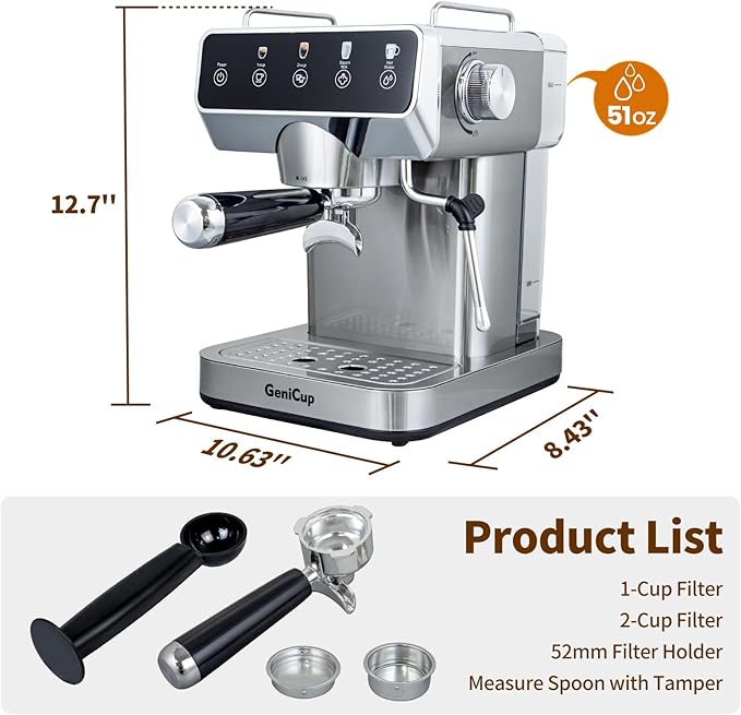 GeniCup Expresso Coffee Machines with Touchscreen 20 Bar Professional Espresso Maker with Milk Frother & Hot Water, Stainless Steel Coffee Maker for Latte Americano, Cappuccino Machine for Home Office