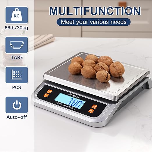 ATOGOU 66lb Food Scale, Commercial Kitchen Scale Plug-in Usable with Full View LCD Display, Stainless Steel, for Baking, Bread, Cooking, Meat, Vegetables, Farm, Industry LC200