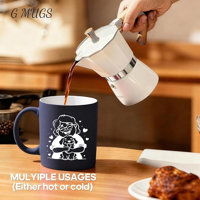 G MUGS Dog Lover Ceramic Coffee Mug, Cute Glasses Girl & Dog Hug Design Mug, Tea Mug, Adorable Pet Lover Gift for Women Teens,13oz Yellow And Pink Mug