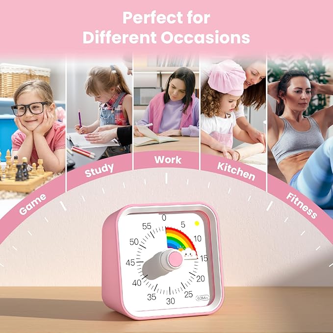 InfPokid Visual Timer for Kids with Pause Function, Cute Silent Timer with Rainbow for Classroom, Teaching, Task, Kitchen, 60 Minute Countdown Time Management for ADHD (Rainbow Pink)