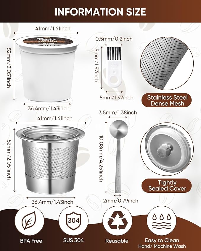 2 Pack Reusable K Cups for Keurig 1.0 - Stainless Steel K Cup Reusable Coffee Pods with Metal Scoop, Brush & 4 Extra Seals - Refillable Coffee Filters for K-Classic, K-Mini & K-Elite(Not for 2.0)