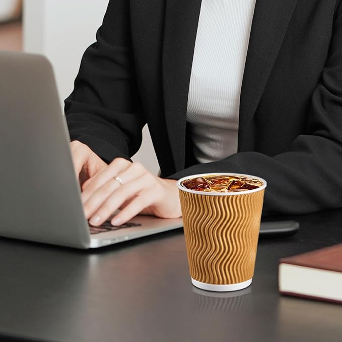 120 Pack 10 oz Coffee Cups, Disposable Corrugated Insulated Ripple Wall Paper Coffee Cups 12oz for Hot or Cold Drinks Office Home Cafe Party Travel (Champagne)