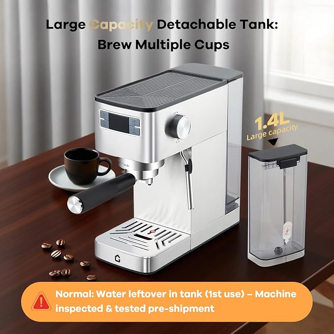 GarveeHome Compact 20 Bar Espresso Machine–Stainless Steel, Steam Milk Frother, Removable Tank for Cappuccino/Latte,(Silver)