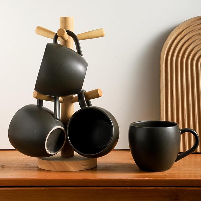 Tikooere Coffee Mugs Set of 4, Stoneware 16 Oz Coffee Mugs for Cappuccino Latte Cocoa and Tea, Ceramic Coffee Cups with Handle,Black Mugs for Housewarming Gifts, Microwave and Dishwasher Safe