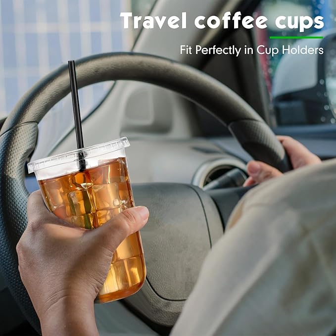 100 Set 16 oz Clear Plastic Cups with Lids and Straws, Disposable Iced Coffee PET Cups for Drinking Cold Beverage Juice Parfait Smoothie Milkshake Coffee Shops Party Supplies