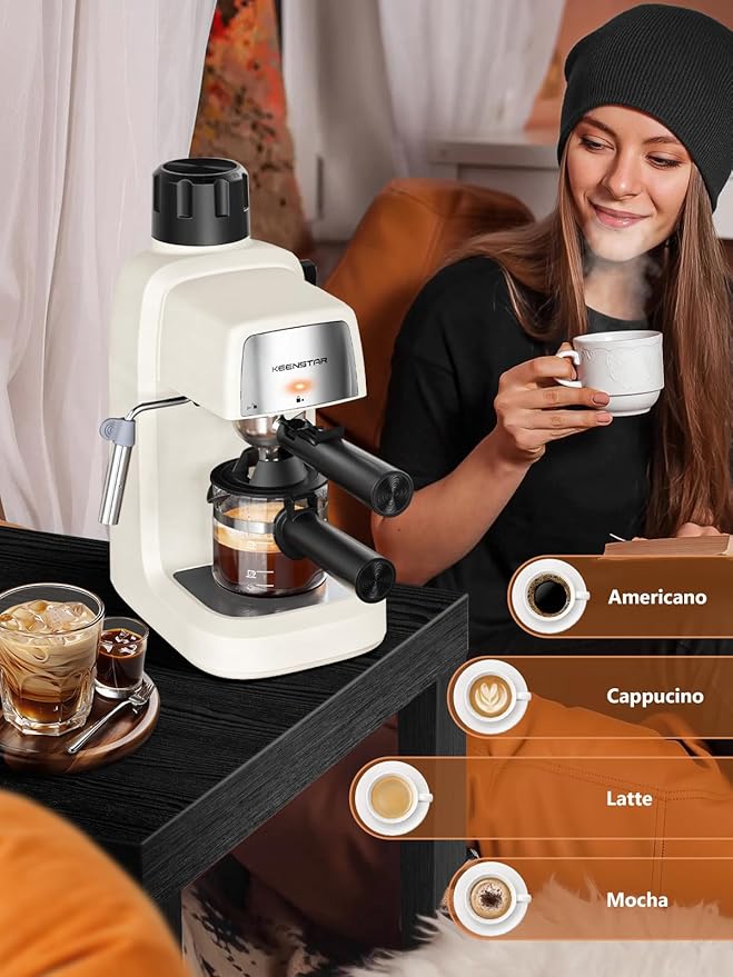 KEENSTAR 3.5Bar Espresso Machine with Milk Frother, 800W Compact Espresso and Cappuccino Machine with Preheating Function, 4 Cup Espresso Maker for Cappuccino or Latte, Gift for Coffee Lover