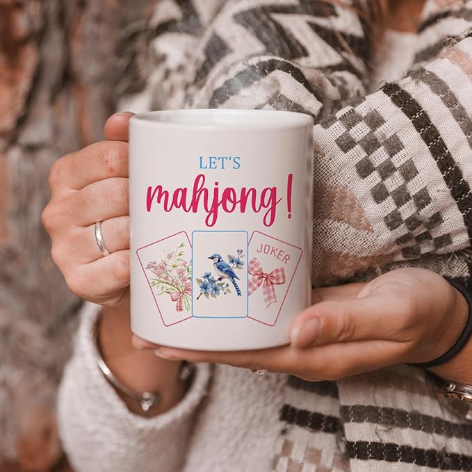 Coquette Bow Floral Bird Mahjong Mug, Mahjong Gifts for Women Coffee Cup Ceramic, Gifts for Mah Jong Lovers Players Ceramic Coffee Tea Mug 11 oz