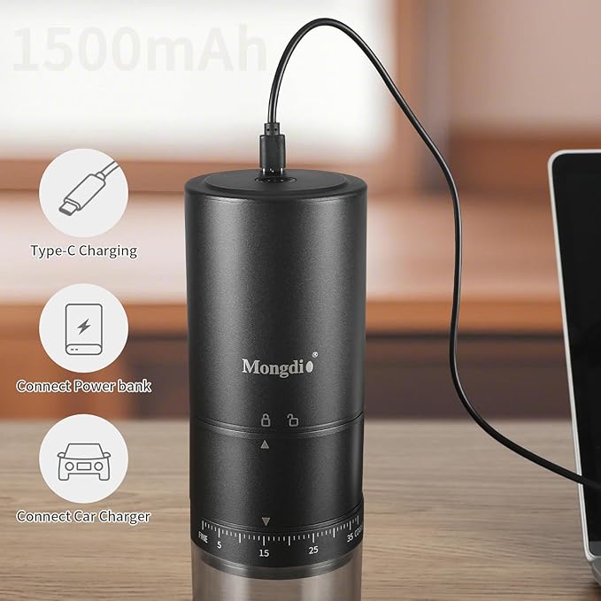 Mongdio Portable Electric Coffee Bean Grinder with 38 Adjustable Settings, Electric Burr Coffee Grinder Stainless Steel Core, For Traveling, Camping, Office, Black
