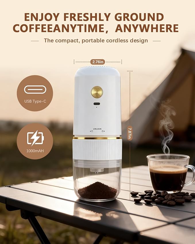 Portable Electric Coffee Grinder ,Automatic Coffee Grinder with USB Type-C wireless charging design,Adjustable Coarse to Fine for coffee beans, grains, cleaning brush + cable Includes (white)