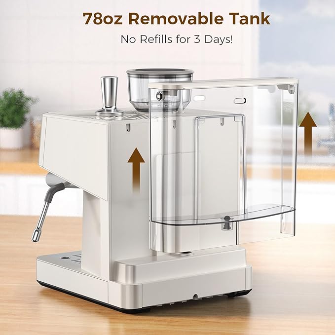 20 Bar Espresso Machine with Built-in Anti-Clog Coffee Grinder, Expresso Coffee Machines with Milk Steam Wand/Frother/Tamping Tools,Espresso Maker with Grinder for Lattes-White